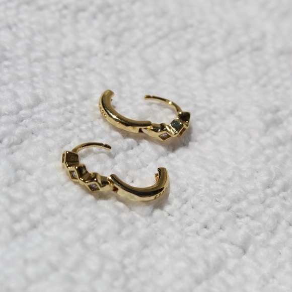 Sterling Silver Gold Huggies with Row of Diamond Shaped Simulated Diamonds - Picture 8 of 10